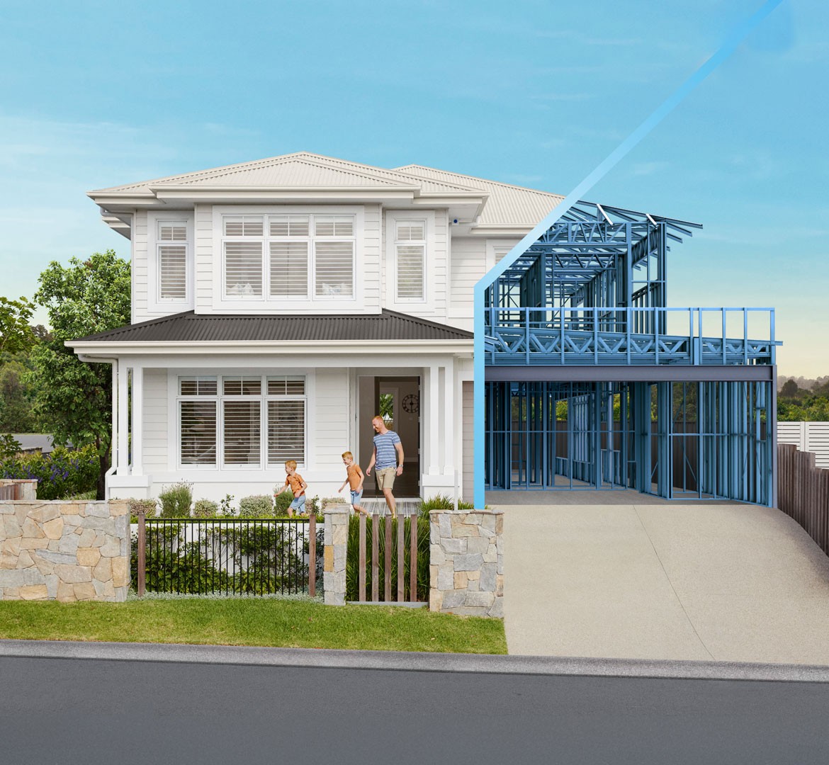 A house with half completed, showing a finished white exterior on the left and a blue steel frame under construction on the right.