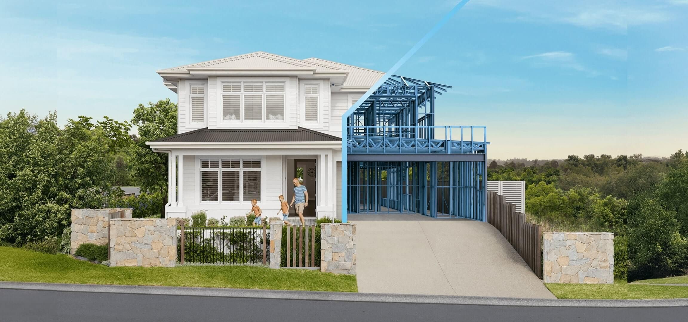 Split image of a house: left side shows a finished white two-story home with a garden, right side shows its blue steel frame under construction.