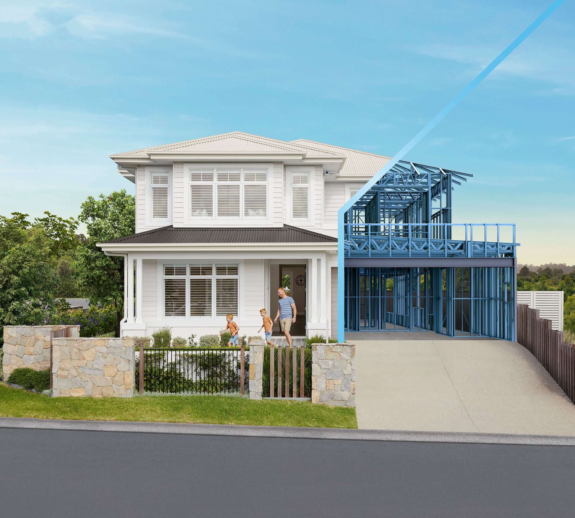 A two-story house with a completed section and a blue steel frame extension under construction, with people standing outside.