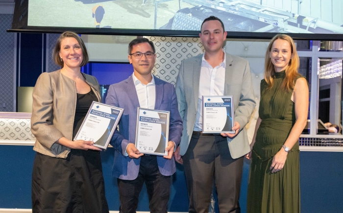 Pictured are Andy Nguyen, Director Sales, Project Design and Delivery at Austruss. Jesse Scott, General Manager Austruss. Felicity Wheeler, Communications, Austruss. With Kylie Mackenzie, Manager, Marketing and Market Development at BlueScope.