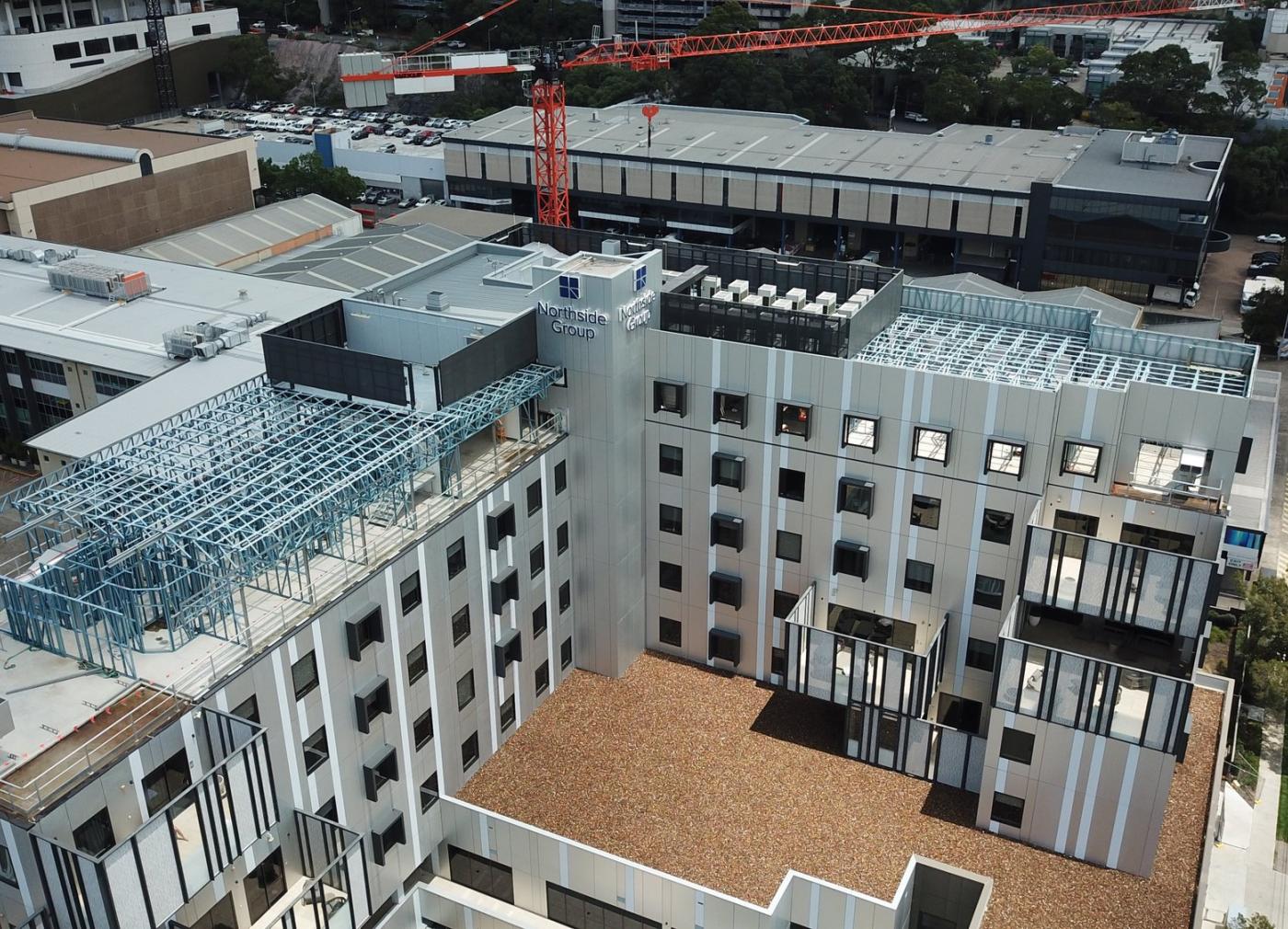 Aerial image of Ramsay Clinic Northside. The eighth-floor extension was built with steel frames made from TRUECORE steel