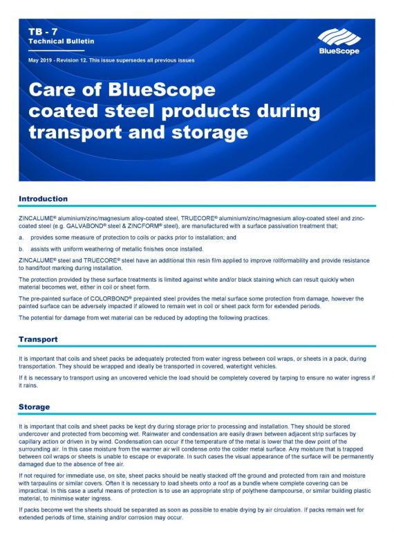 Technical bulletin TB-7 Care of BlueScope coated steel products during transport & storage thumbnail