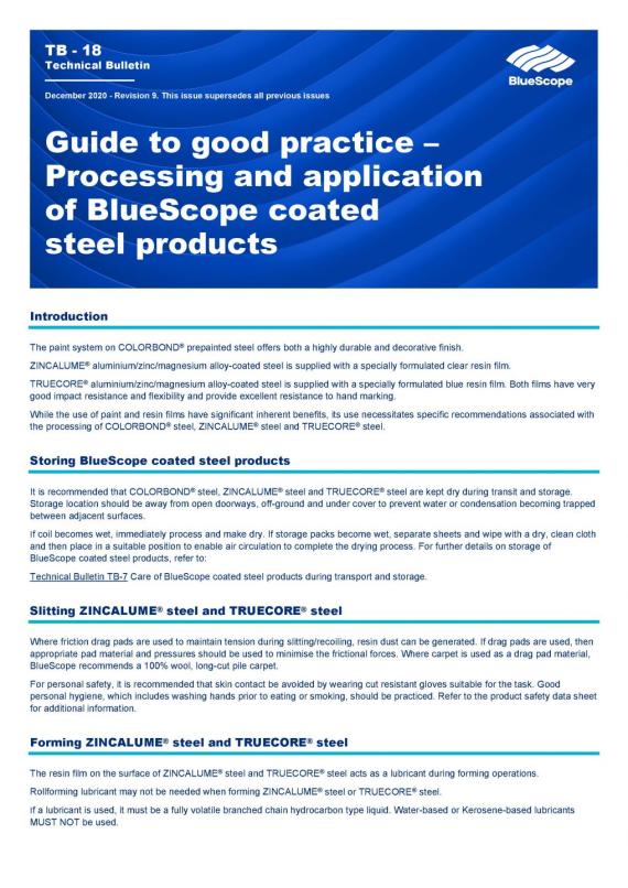 Technical Bulletin TB-18 Guide to good practice - processing and application of ZINCALUME<sup>®</sup> steel and TRUECORE<sup>®</sup> steel thumbnail